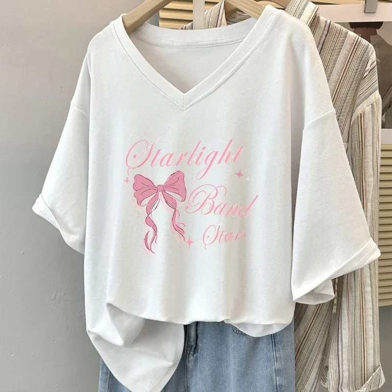 DAYIFUN Women's Summer Short Sleeved T-shirt Bow Pink Printing T-shirt Loose V-neck Casual Sweet Letter Printed Girls' Top Tees