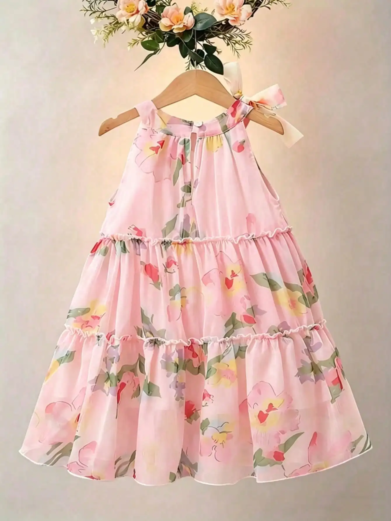 Mädchenkleid mit Rundhalsausschnitt, ärmellos, mit Blumen- und Blattmuster, bequemer A-Linien-Rock, Freizeitkleidung für Kinder. – Detail 6