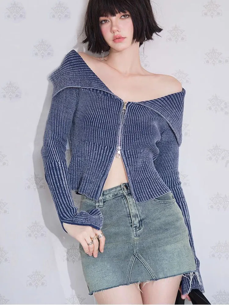 2024 Autumn Y2K Knitted Women Cardigan Sweater Wrist Sleeve Slim Turn-Down Up Collar Double Zippers Female Crop Top C-192