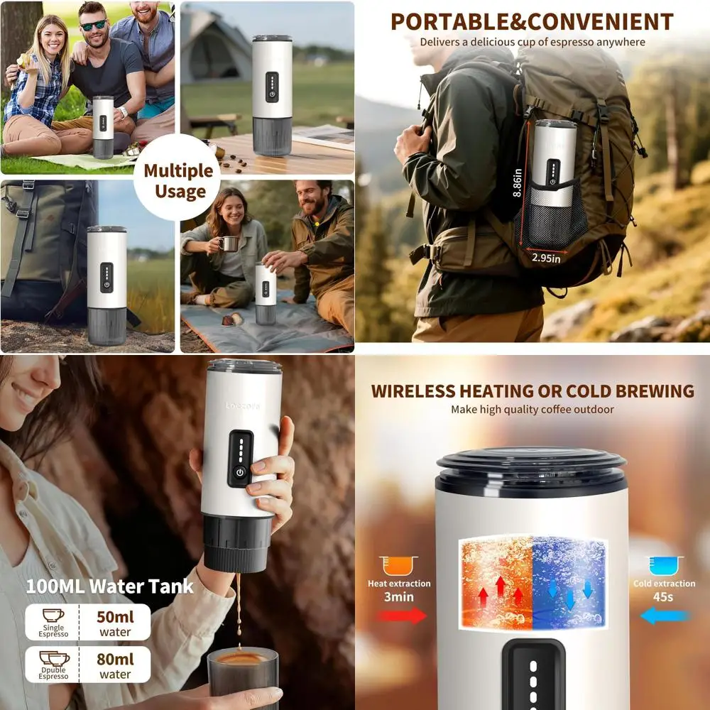 

Портативная эспрессо-машина, давление 20 бар, нержавеющая сталь, перезаряжаемая, 3-в-1 для молотого кофе и капсул, идеально подходит для кемпинга