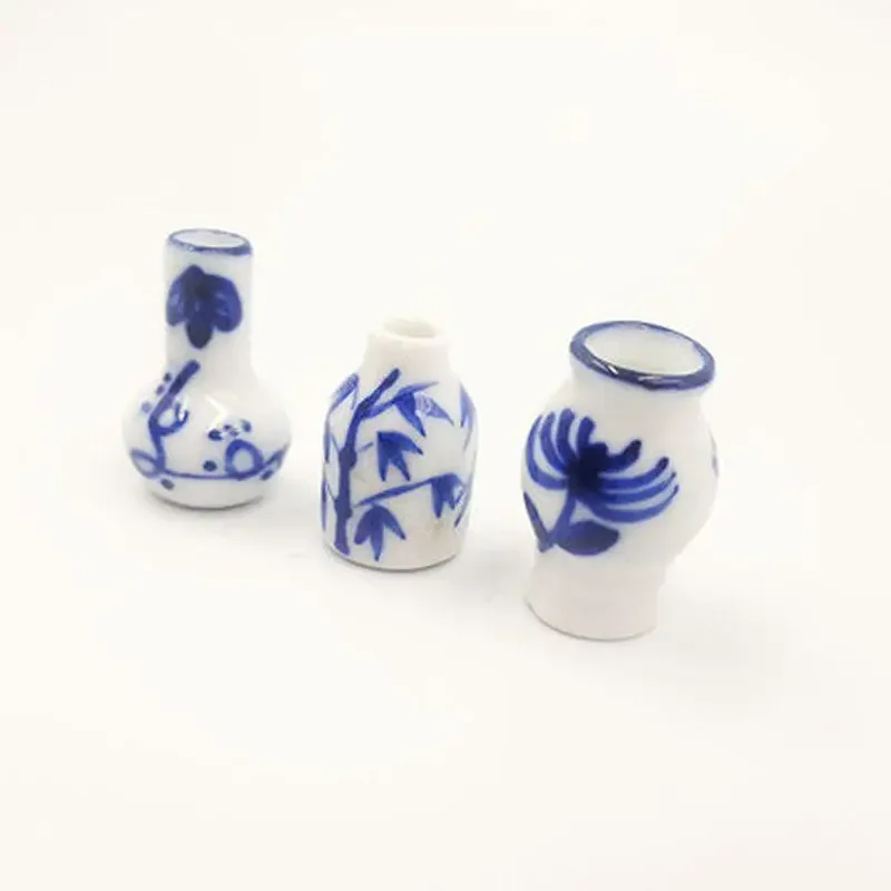 3pcs Mini Blue and White Porcelain Vase DIY Handmade Doll House Kitchen Ceramic Ornament Decora  Dollhouse Miniatures