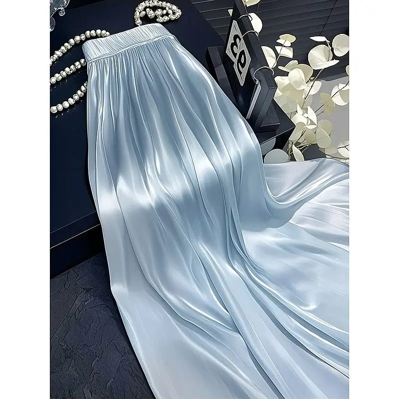 

Women Summer Simplicity Office Lady Solid Color Satin Skirt Ladies Fashion Appear Thin High Waist All-match Trend A-line Skirt