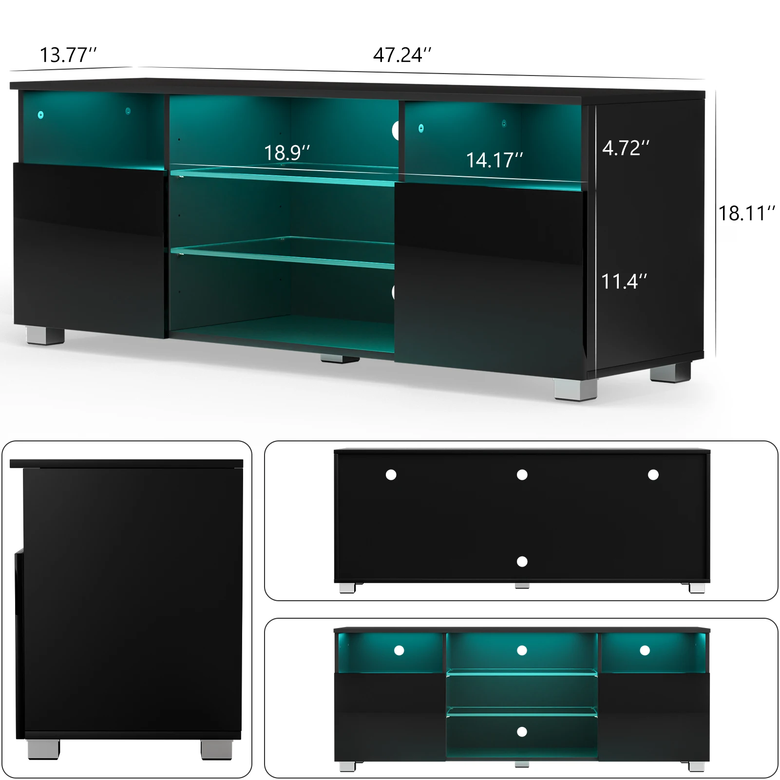 Supporto TV LED per TV da 55 pollici, centro di intrattenimento moderno con ripiani, mobile TV lucido per soggiorno