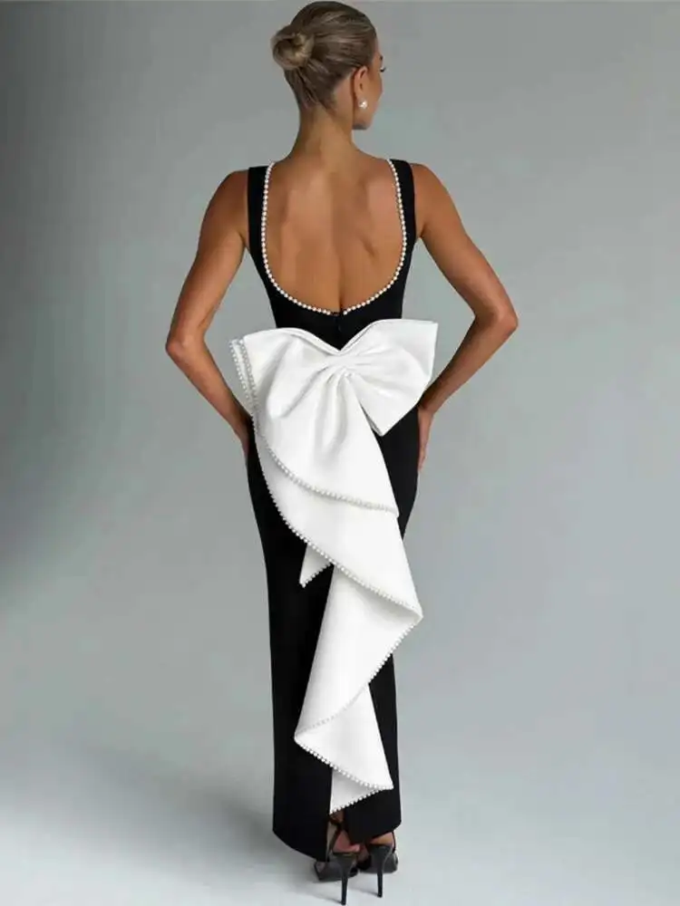 BabYoung パールリボンノースリーブバックレスセクシーなパーティー女性 2025 エレガントなサマードレスナイトクラブボディコンマキシロングドレス