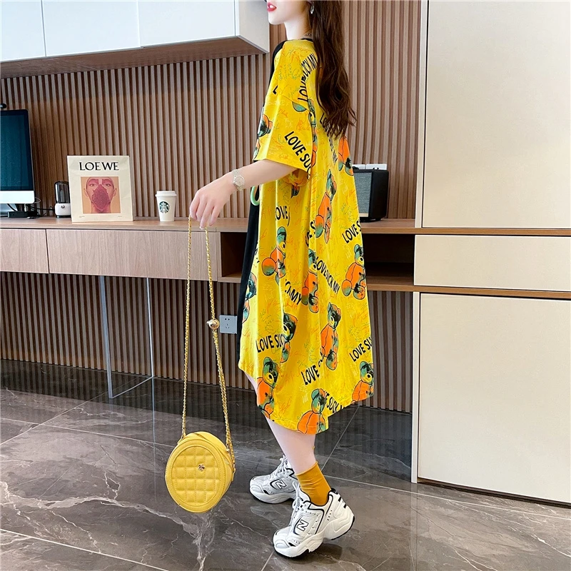 Extra Large 300 Pou mi-longue ort-savé t-shirt Dr paresseux été nouveau Sle ample Version coréenne imprimé h-line Dr