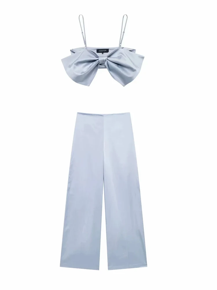 KAOPU ZA Women with bow satin straight neck crop top or side zipper high-waist wide-leg trousers two pieces sets mujer