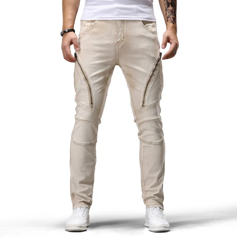 メンズジッパー付きスプライシングデザインのトレンディなレトロ風ストレッチジーンズ、ストリートスタイルの個性的なストレッチバイクパンツ