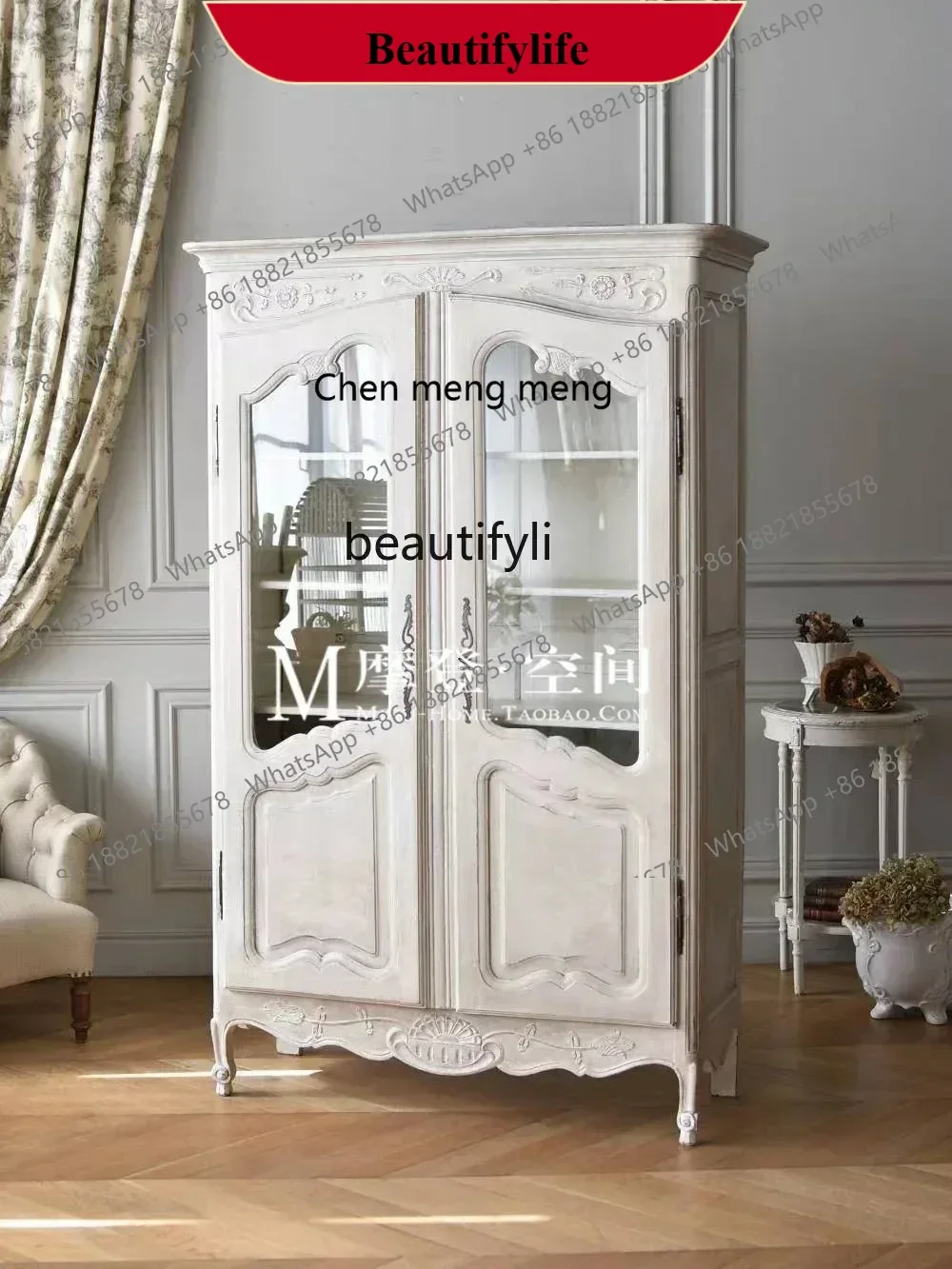 

D178 American style solid wood glass door dining sideboard French style antique wine cabinet special-shaped oak display cabinet