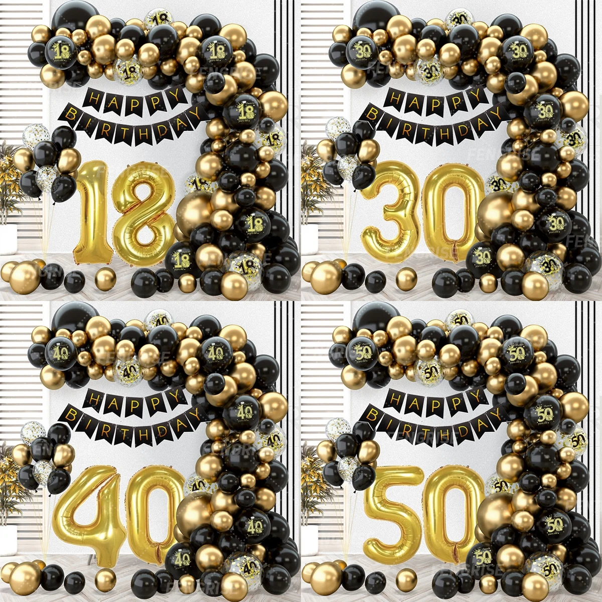 Black Gold Balloon Garland Arch Kit Happy 18 30 40 50 Year Old Birthday Party Decor Adults Anniversary Confetti Latex Balloon