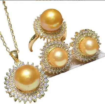 

natural Freshwater golden shell pearl zircon crystal rings bead 8-11mm ring earring pendant chain set Jewellery