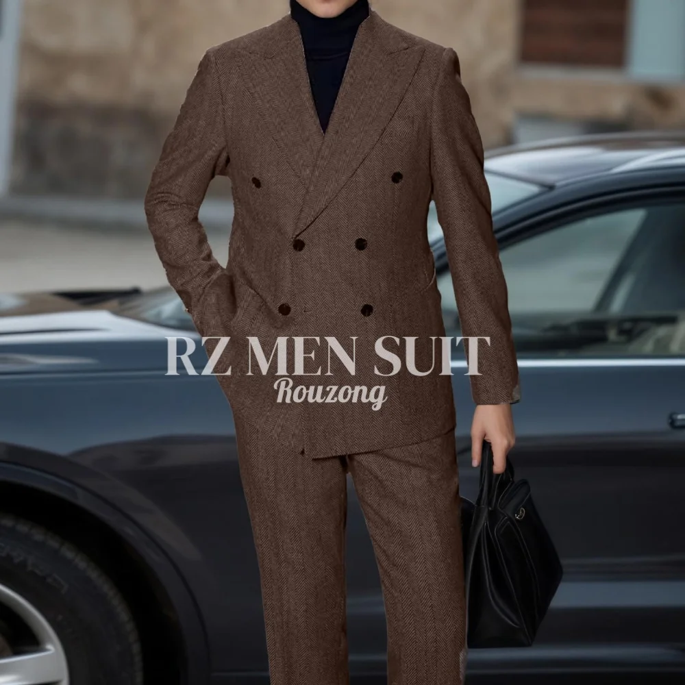 

Retro Tweed Men's Suit Herringbone 2 Piece Slim Fit Double Breasted Suits Prom Wedding Tuxedo Jacket Blazers Pants for Men