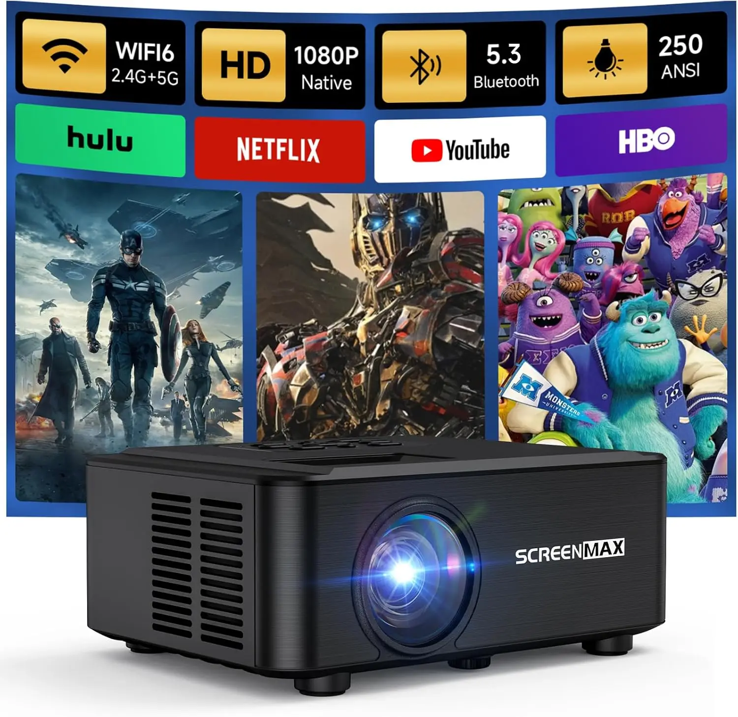 

Проектор 1080P с Wi-Fi и Bluetooth, портативный для просмотра фильмов на открытом воздухе, со встроенным динамиком, совместим с смартфонами через HDMI и USB