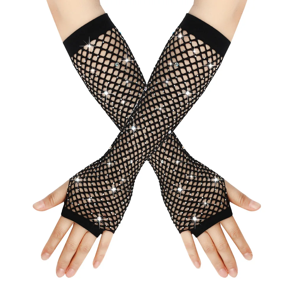 Ball diamond gloves Party fishnet elastic mesh gloves European and American retro sexy diamond long gloves