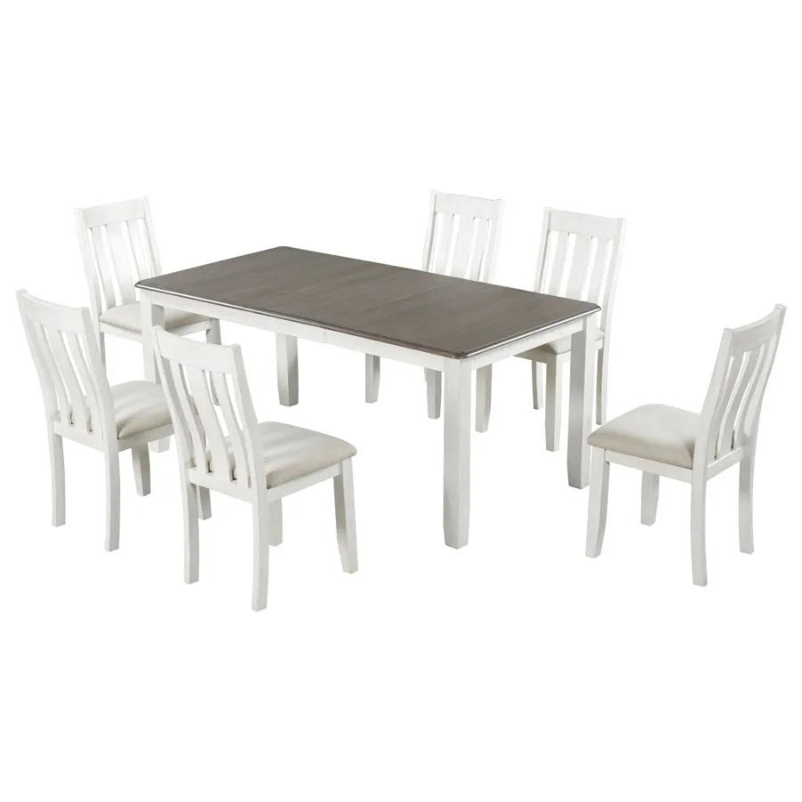 

TREXM Retro Style 7Piece Dining Table Set with Extendable Table and 6 Upholstered Chairs Brown+White