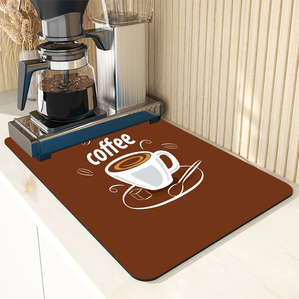 Cartoon Coffee Pattern Drain Pad Super Absorbent Dish Drying Mat Non-Slip Anti-mildew Counter Top Mat Sink Dish Draining Rug