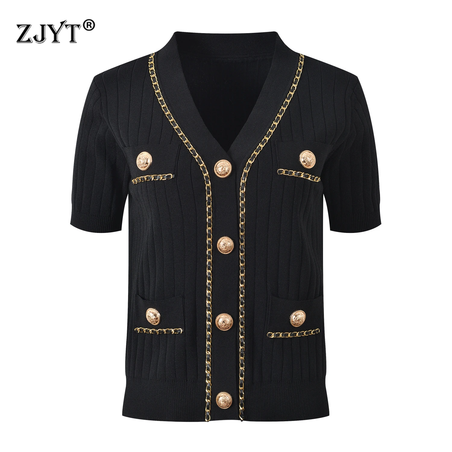 

ZJYT Women's Summer Knitted Cardigan Tops V-Neck Chain Patchwork Short Sleeve Sweaters Elegant Jersey White Black Lady Knitwears