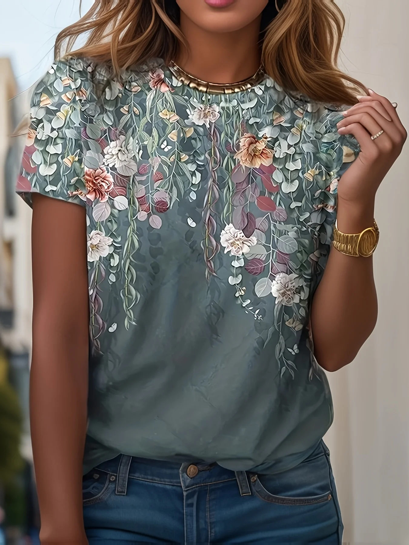 Plus Size Women Floral Print T-Shirt Crew Neck Short Sleeve Green Botanical Flower Casual Loose Tee Ladies Summer Blouse