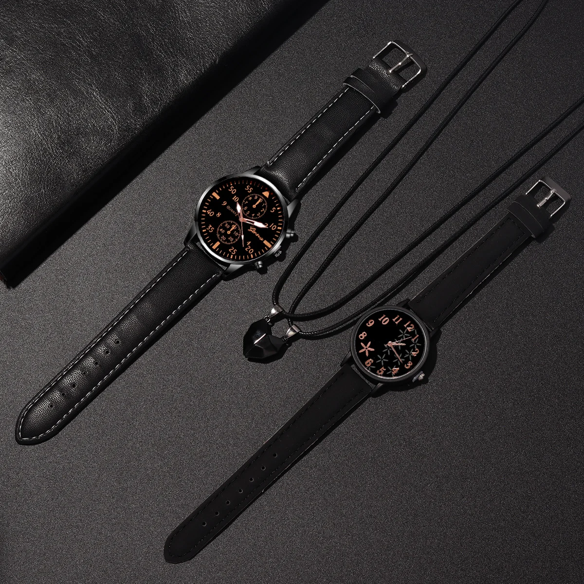 4pcs Business Watch Fashionable and Simple Quartz Watch Couple Watch Paired with Love Necklace Set