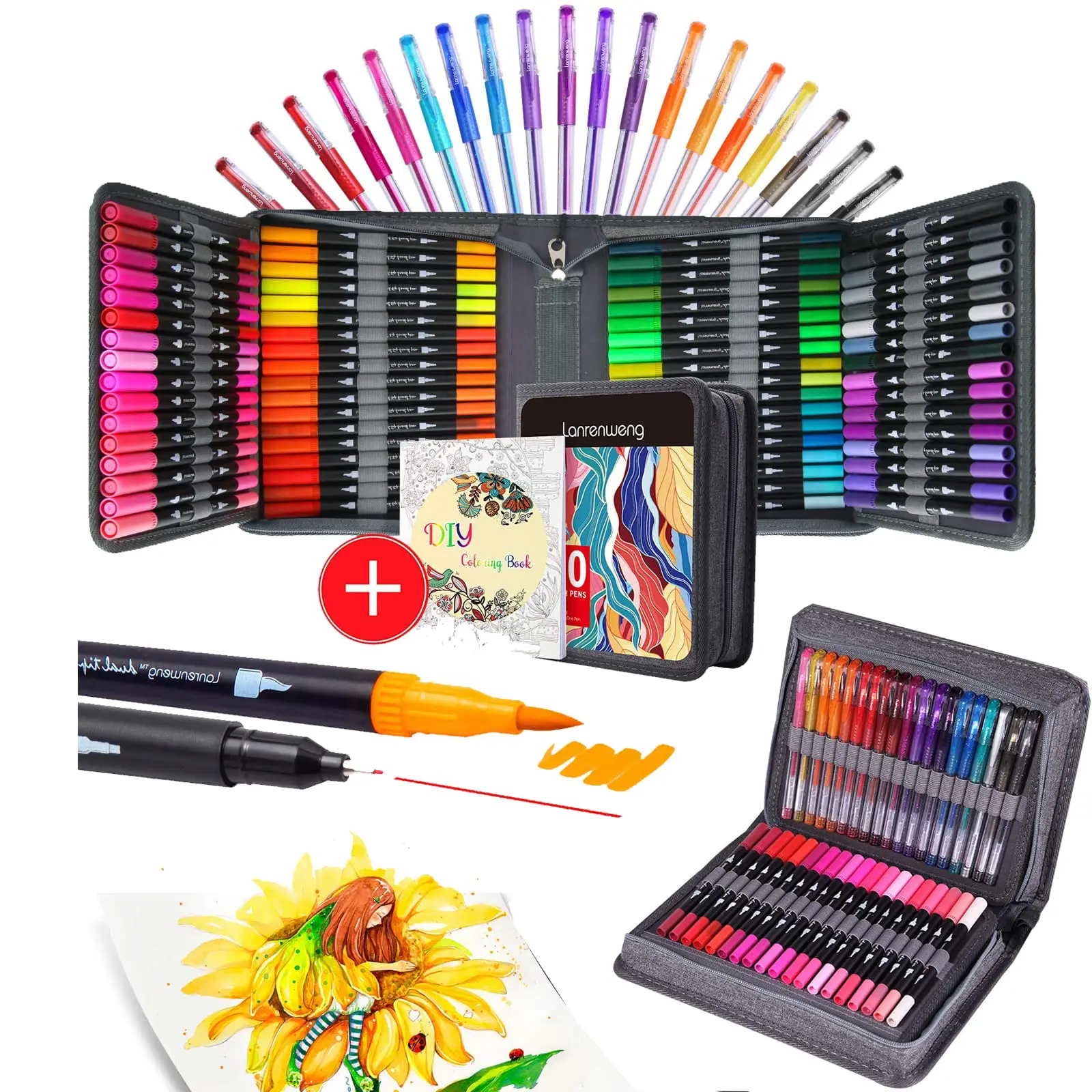 

LANRENWENG120 Pack Painting Pen Set 100 Colored Brush Pen Markers and 20 Colors Glitter Gel PensColoring Books Drawing Sketching