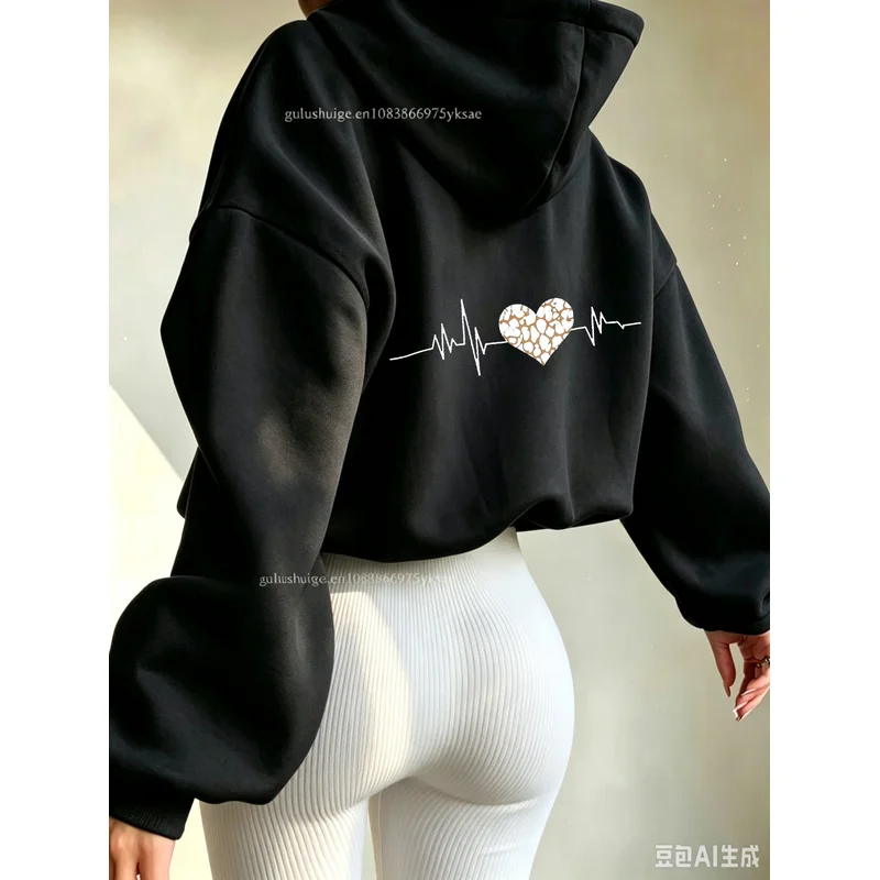 Y2K Oversized Hoodie Heartbeat ECG Broken Heart Line Art Sweatshirt Vintage Aesthetic Autumn Winter Women Halloween Gift