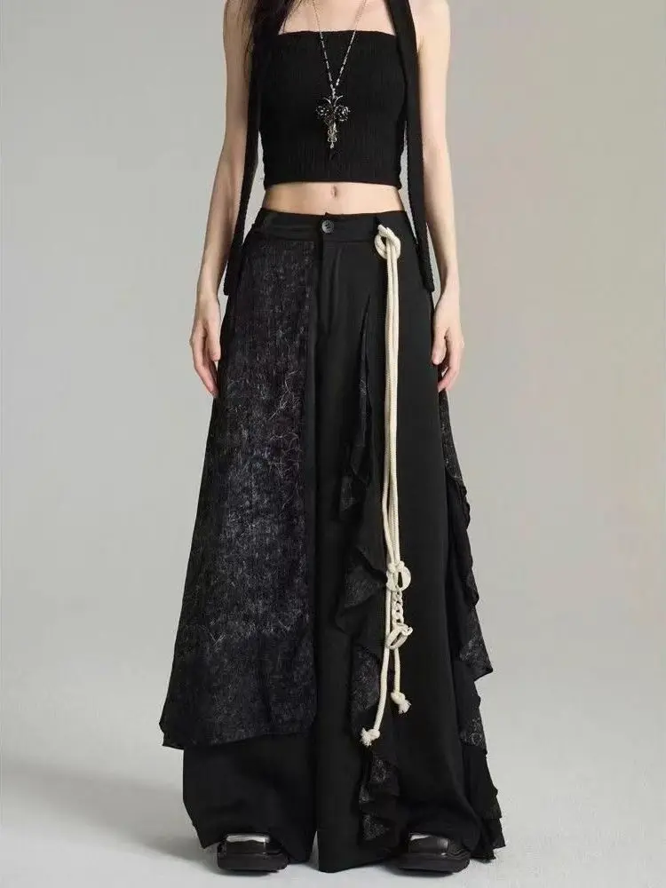 

New Chinese Sle High Waist Wide Leg Pants Men Women Double Layer Asymmetrical Design Sensation Mountain Sle Patchwork Cas...