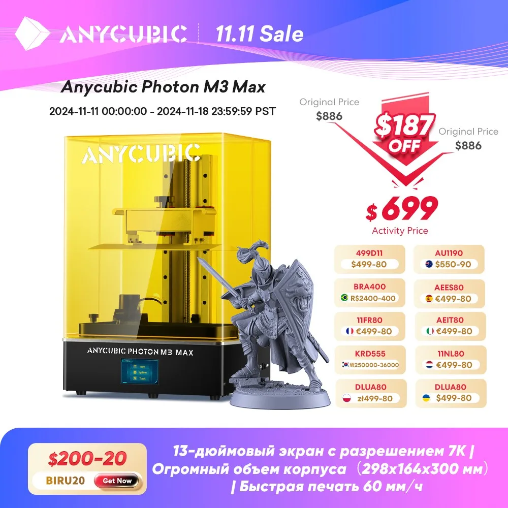 

ANYCUBIC Photon M3 Max 13.6 Inch 7K SLA LCD 3D Printer Large Volume High Speed UV Resin 3D Printer Printing Size 298*164*300mm