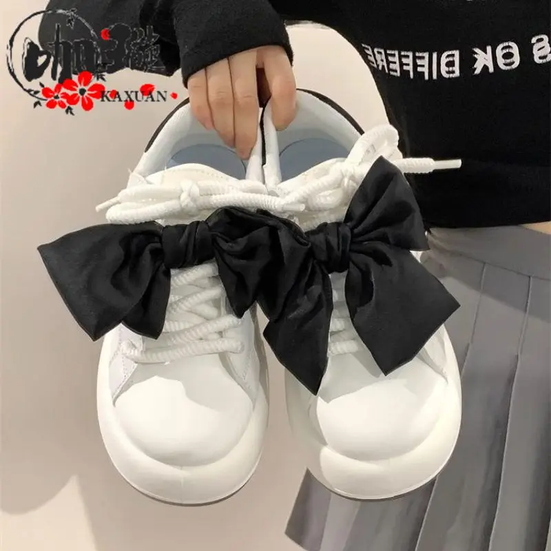 Kawaii Bow White Sneakers for Women Platform Sports Shoes Tennis Female Flats Spring Summer 2024 Vintage Cute Korean Fashion