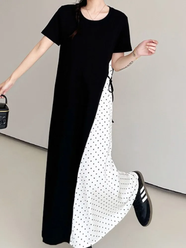 Summer New Loose Polka Dot T-shirt Dress Round Neck Short Sleeve Patchwork Casual Dresses Fashion Vintage Women vestidos