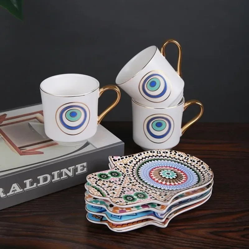 

Turkish Devil's Eye Hamsa Hand Dish Dim Sum Mug Coffee Cup and Saucer Set Retro Hanging Ear Creative Ceramic Cup Boutique Gift