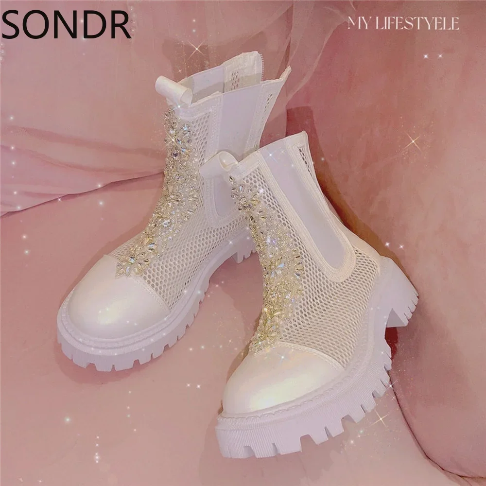 Womens Round Toe Mesh Rhinestones Crystal Ankle Boots Sandals Breathable Shoes White Girls X-mas Gift DIY Luxury