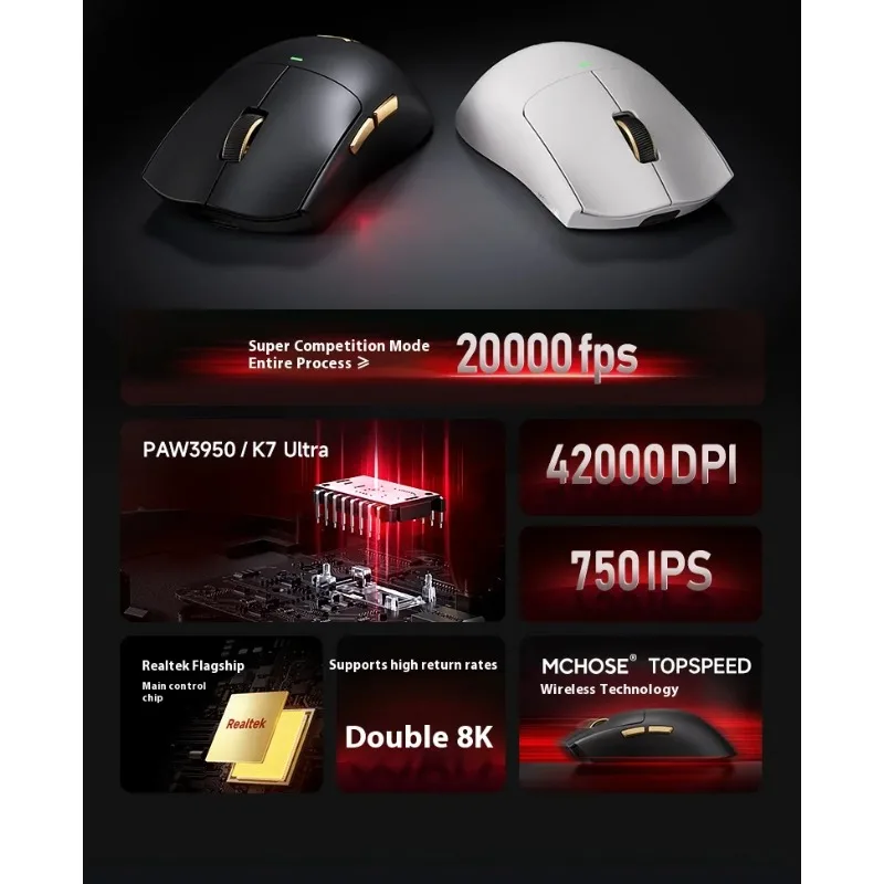 MCHOSE K7 Mouse da gioco ultraleggero Esports 8K Wireless con ricarica magnetica Mouse da gioco con sensore PAW3950