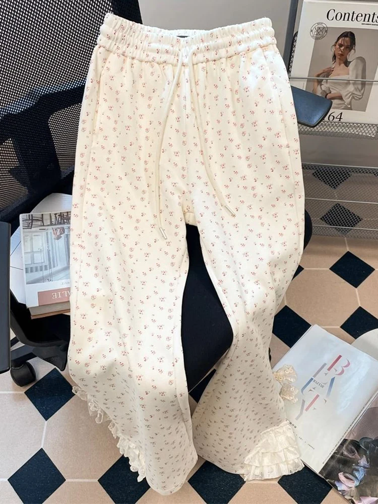 

Zoki Chic Floral Sweet Wide Leg Pants Women Bow Lace Patchwork High Waist Trousers Japan Cute Loose Female Casual Fashion Pants
