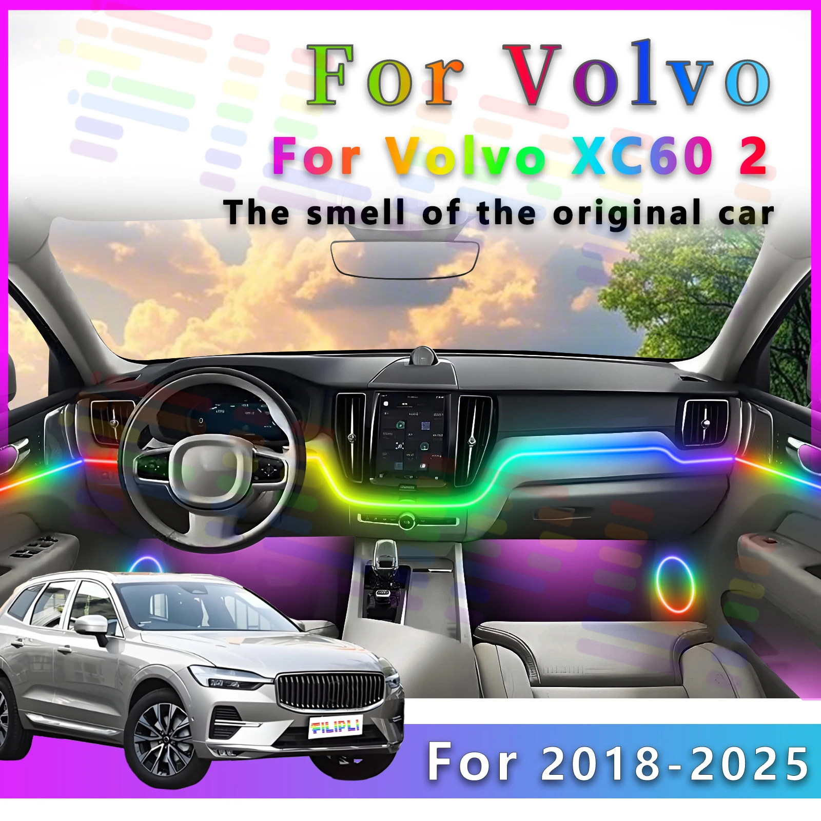 

FILIPLI для Volvo XC60 2, внутренняя светодиодная лента RGB Symphony с 64 цветами и несколькими режимами для улучшения вождения.