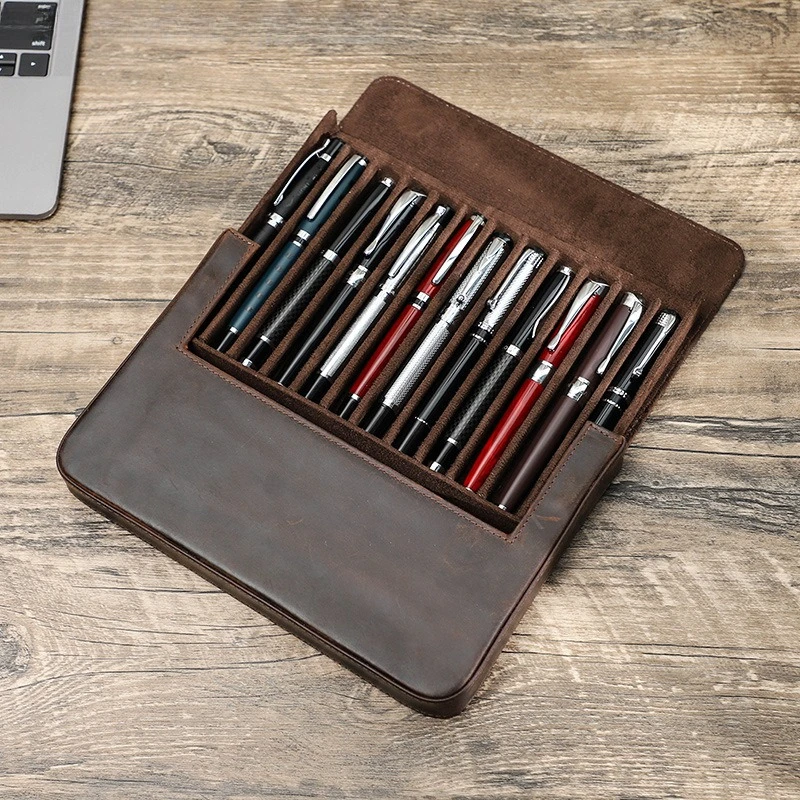 Leather pencil case 12 pcs handmade magnetic drawer type student office pen storage box