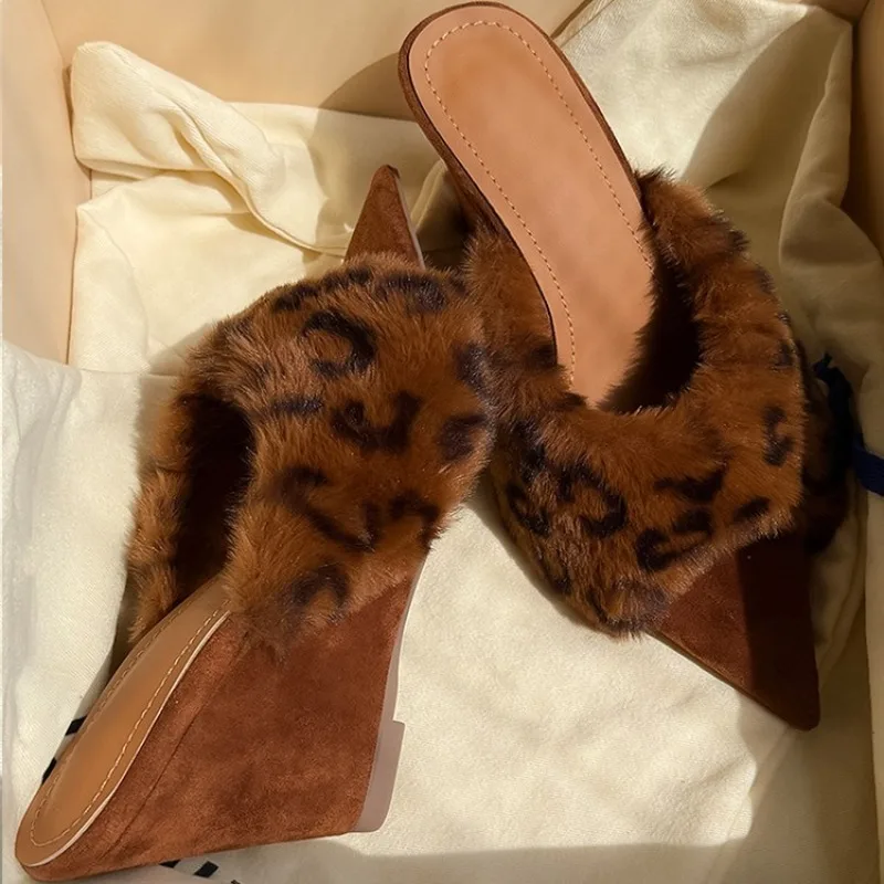 

Leopard Print Wedges Fur Women Heels Slippers Winter Luxury Plush Suede Cotton Shoes Women Fashion Sexy Pointed Toe Slides Women