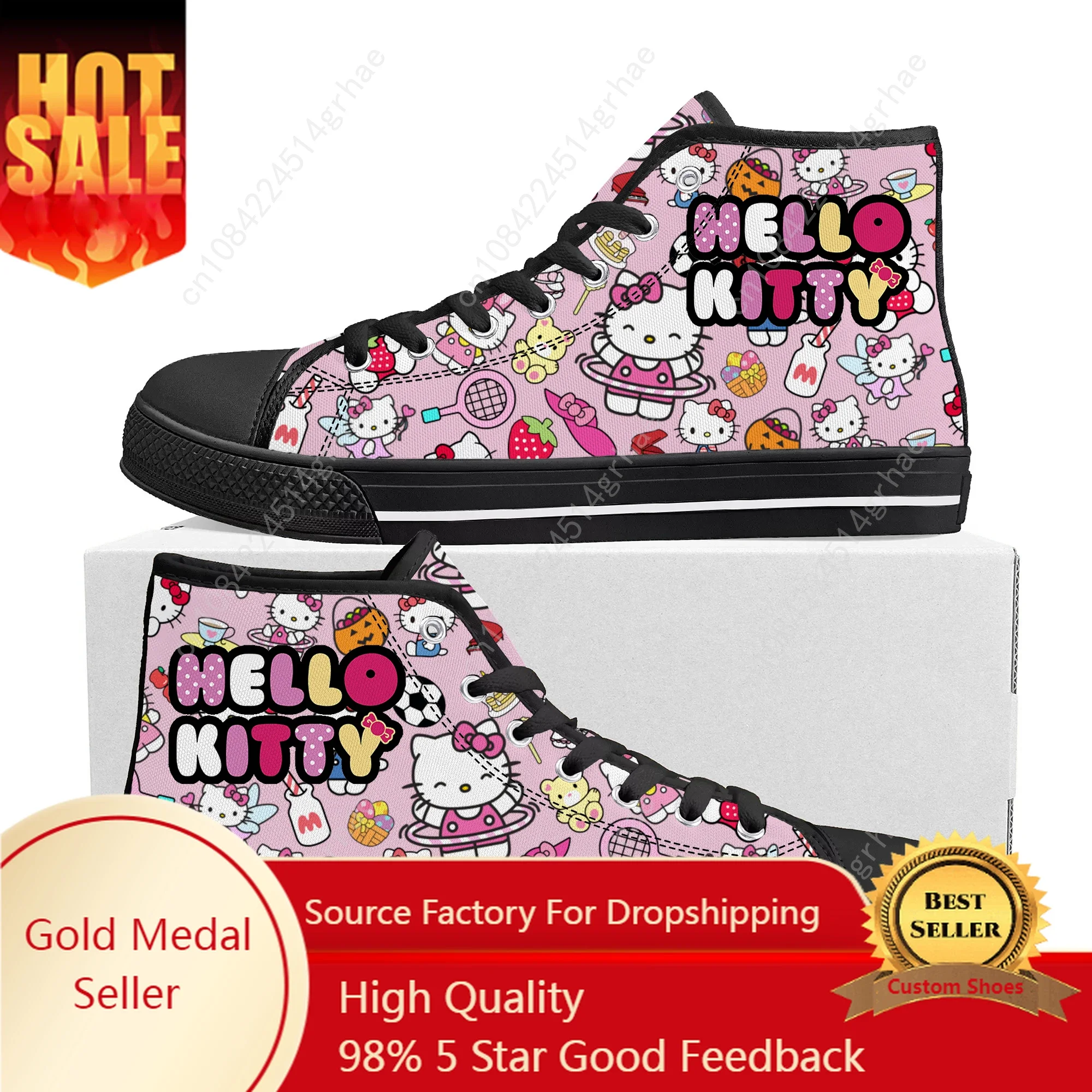 Hello Cute Cartoon Pink Cat High Top Sneakers Mens Womens Teenager High Quality Canvas Sneaker Casual Custom Made Shoes