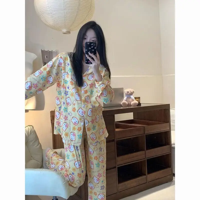 

Sanrio Hello Kitty, женские пижамные комплекты для сна, кавайные осенние штаны с длинными рукавами и круглым вырезом, одежда для сна, домашняя одежда, новинка