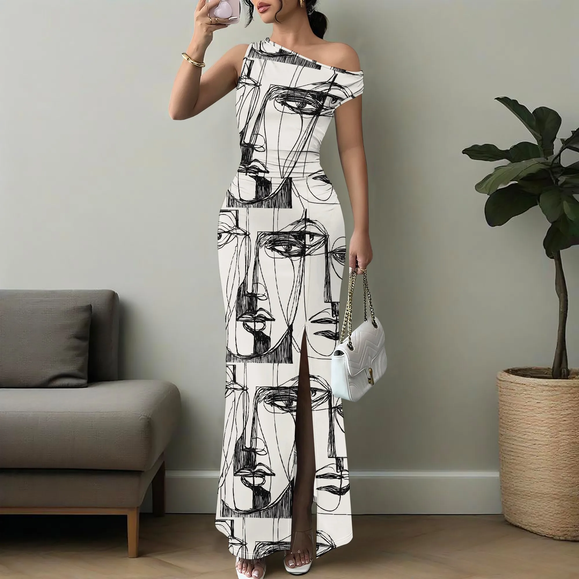 

Elegant Women's One Shoulder Maxi Dress Bodycon Side Slit Artistic Face Print Long Party Gown XS-3XL
