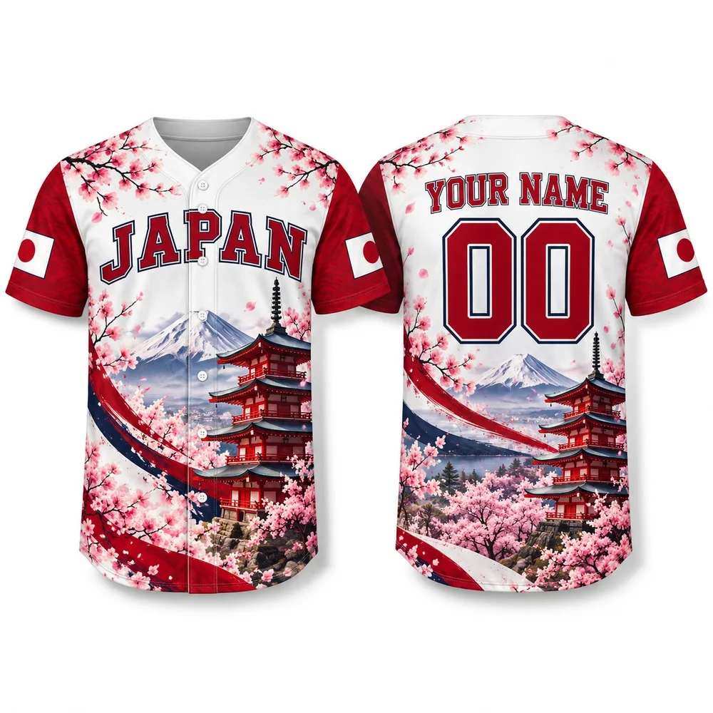 Personalized Japan Baseball Jersey Mount Fuji Sakura and Koi Prints Adult Shirts with Name Number and Flag Jerseys Shirt
