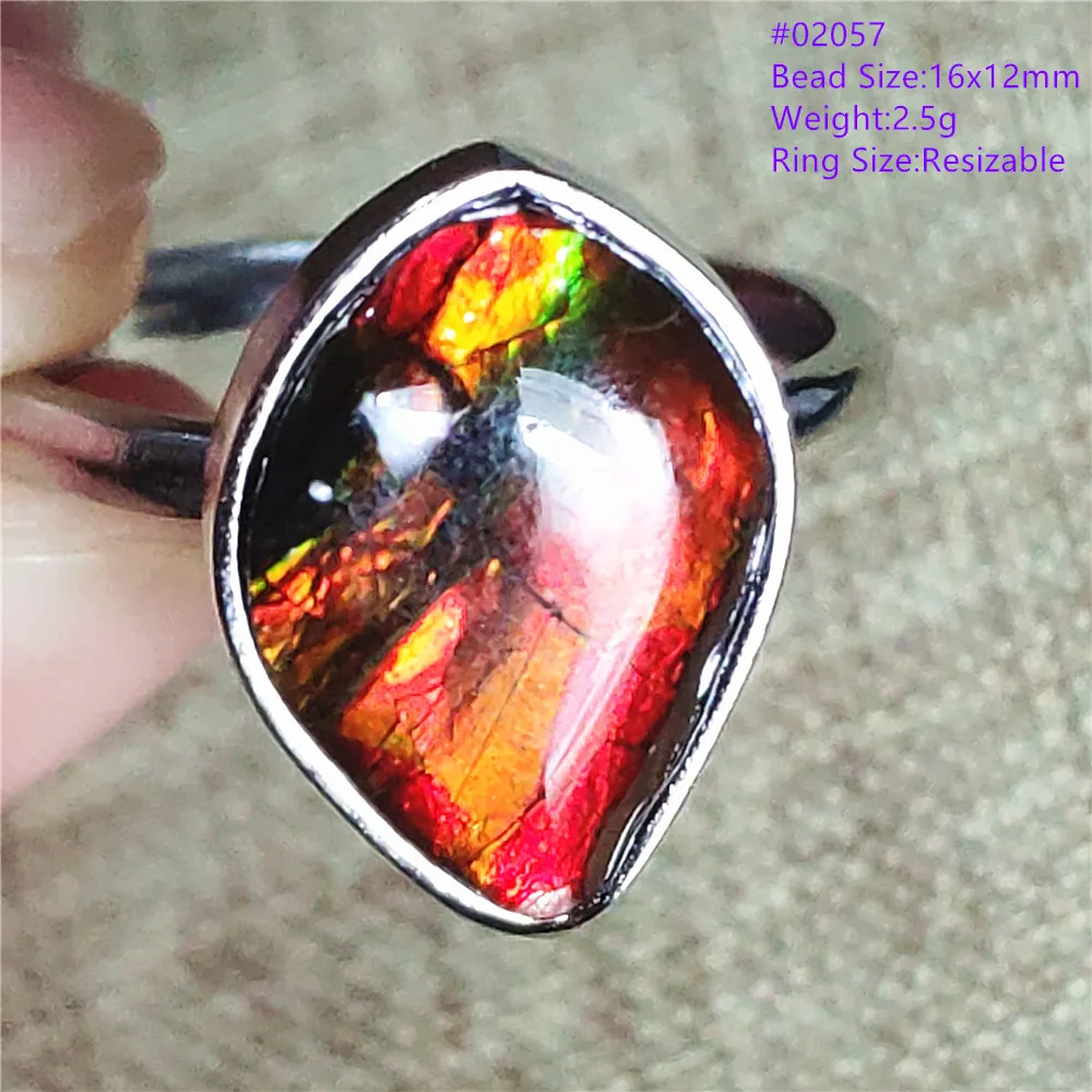 Genuine Natural Ammonite Ammolite Red Green Ring Men Woman Crystal Beads 925 Sterling Silver Adjustable Rings AAAAA