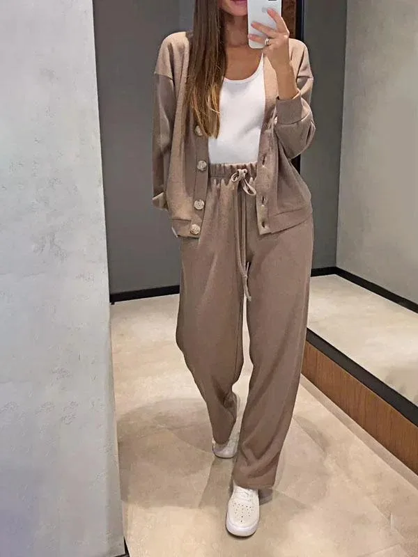 Autumn Fashion Sports Suit For Women Casual V Neck Single Breasted Long Sleeved Coat Top Lace Up Straight Pants 2 Piece Set