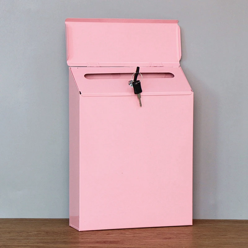 Wall-Mounted Mailbox Wall Collection Box Farmhouse Mailbox + Key Suitable For Home Office Pink