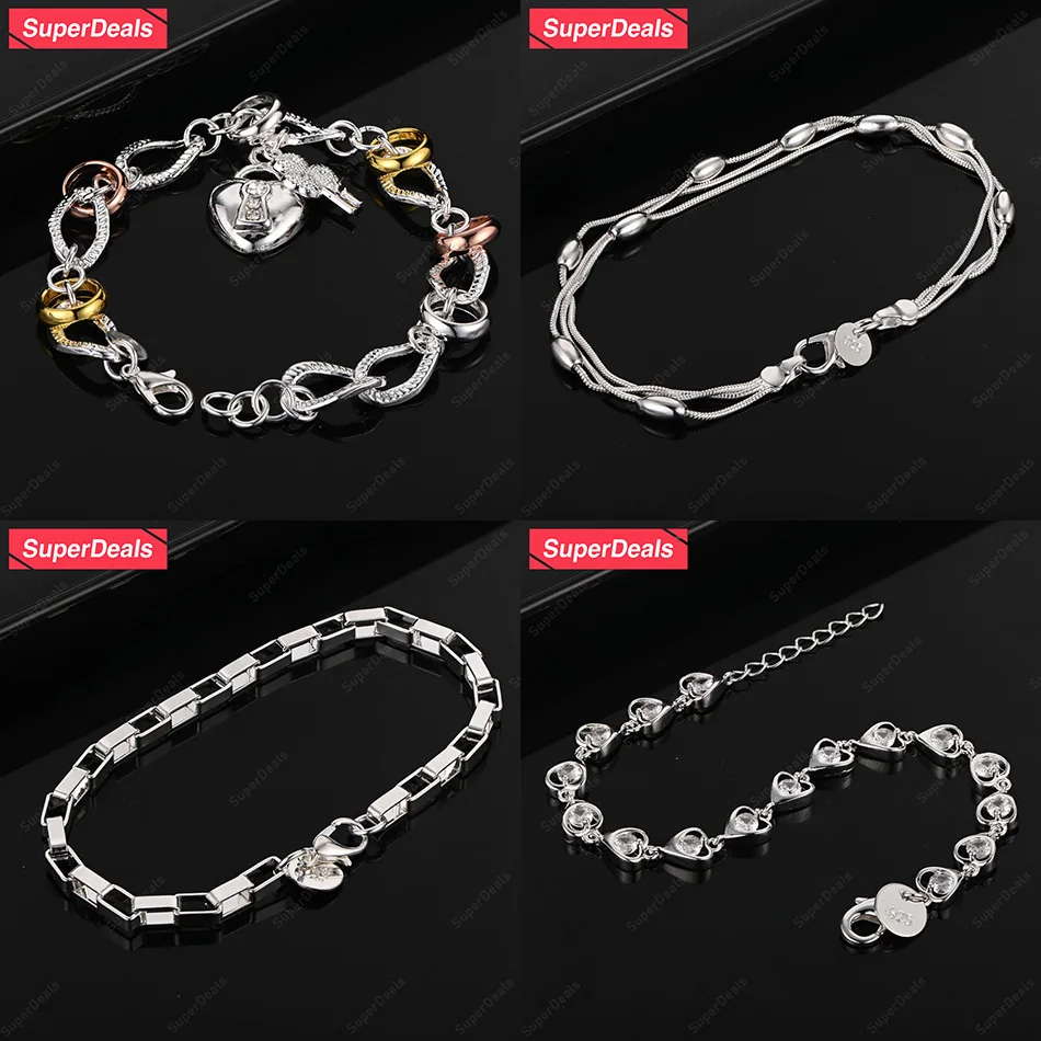 

SuperDeals 925 Sterling Silver Box Chain Snake Chain Heart Lock Key Bracelet Women Fashion Charm Jewelry Wedding Party Gift