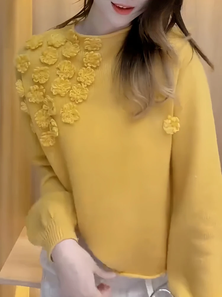 

Ele Floral Silk Knitwear ort Top Women's Autumn Winter New Sle Moderately Thiened Korean Sle Long Sve Sweater