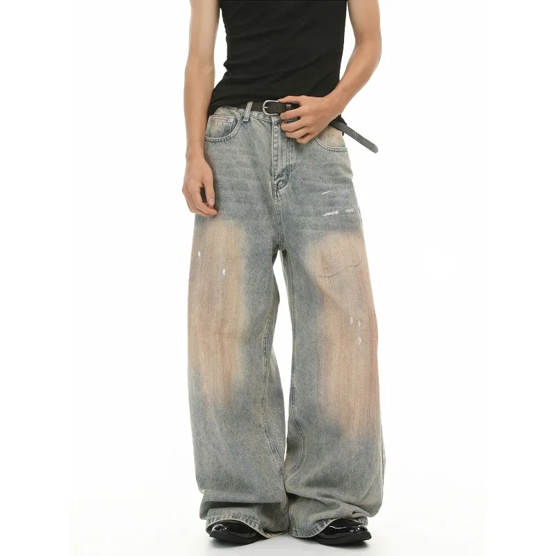 Men's American Retro White Polished Ink-splashed Jeans Men's Loose Straight Wide-leg Versatile Floor Pants