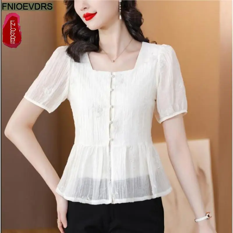 S-3XL 2023 Women Summer Short Sleeve Elegant Office Lady Work Button Shirt Casual Slim Cute Square Neck Peplum Tops And Blouses