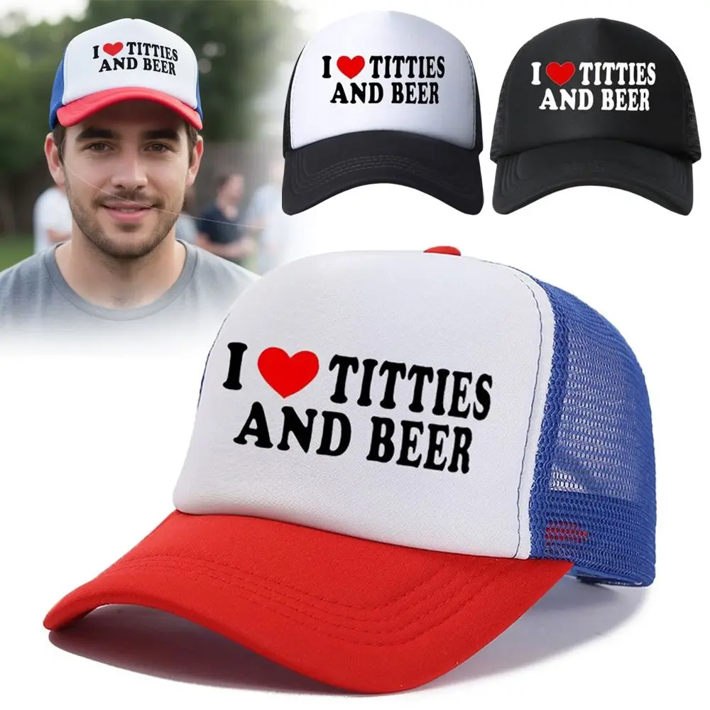 Image of Letter Printing I Love Titties And Beer Hats Atmungsaktive, verstellbare Mesh-Baseballkappe, Hip-Hop-Sonnenschutzhüte für Männer und Frauen, Unisex