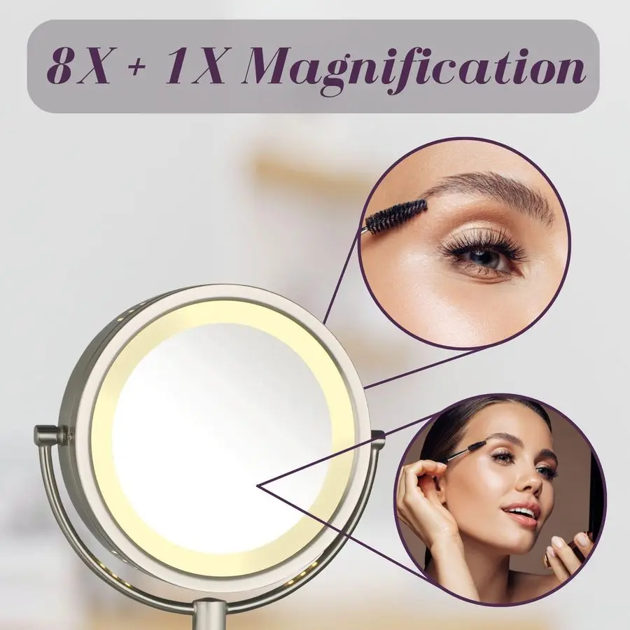 Miroir de maquillage mural avec éclairage LED, miroir de maquillage éclairé avec ampli de grossissement 8X, finition nickel, modèle de montage mural HL75N