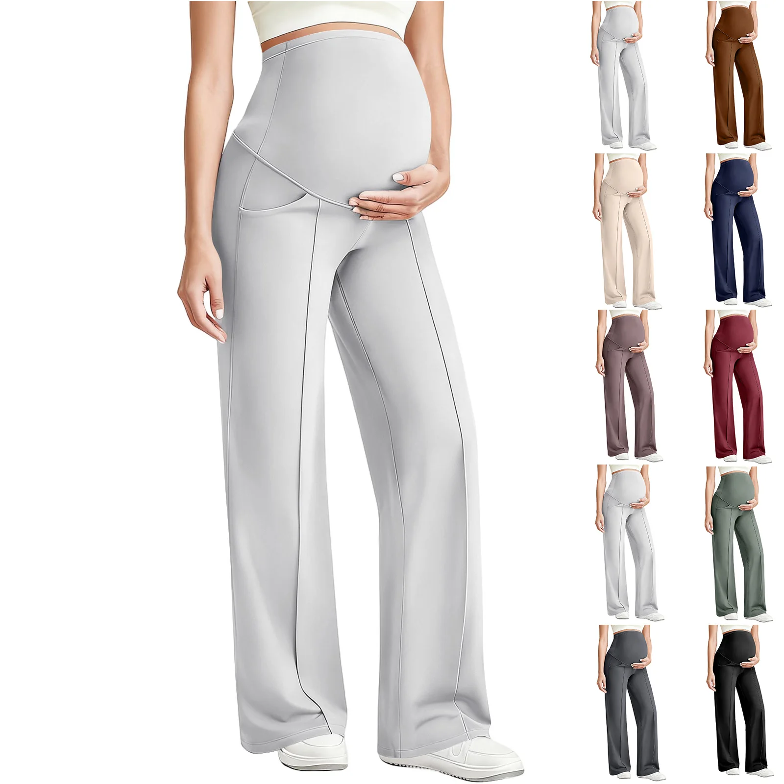 Maternity Yoga Pants Elastic Work Casual Abdominal Pocket Wide Leg Pants Pregnant Women'S Solid Color Yoga Pants
