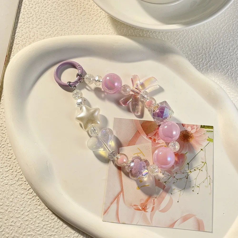 

New Candy Colored Bow Phone Chain Cartoon Anti-loss Beaded Phone Charm Portable Gift Phone Wrist Strap Phone Accessories